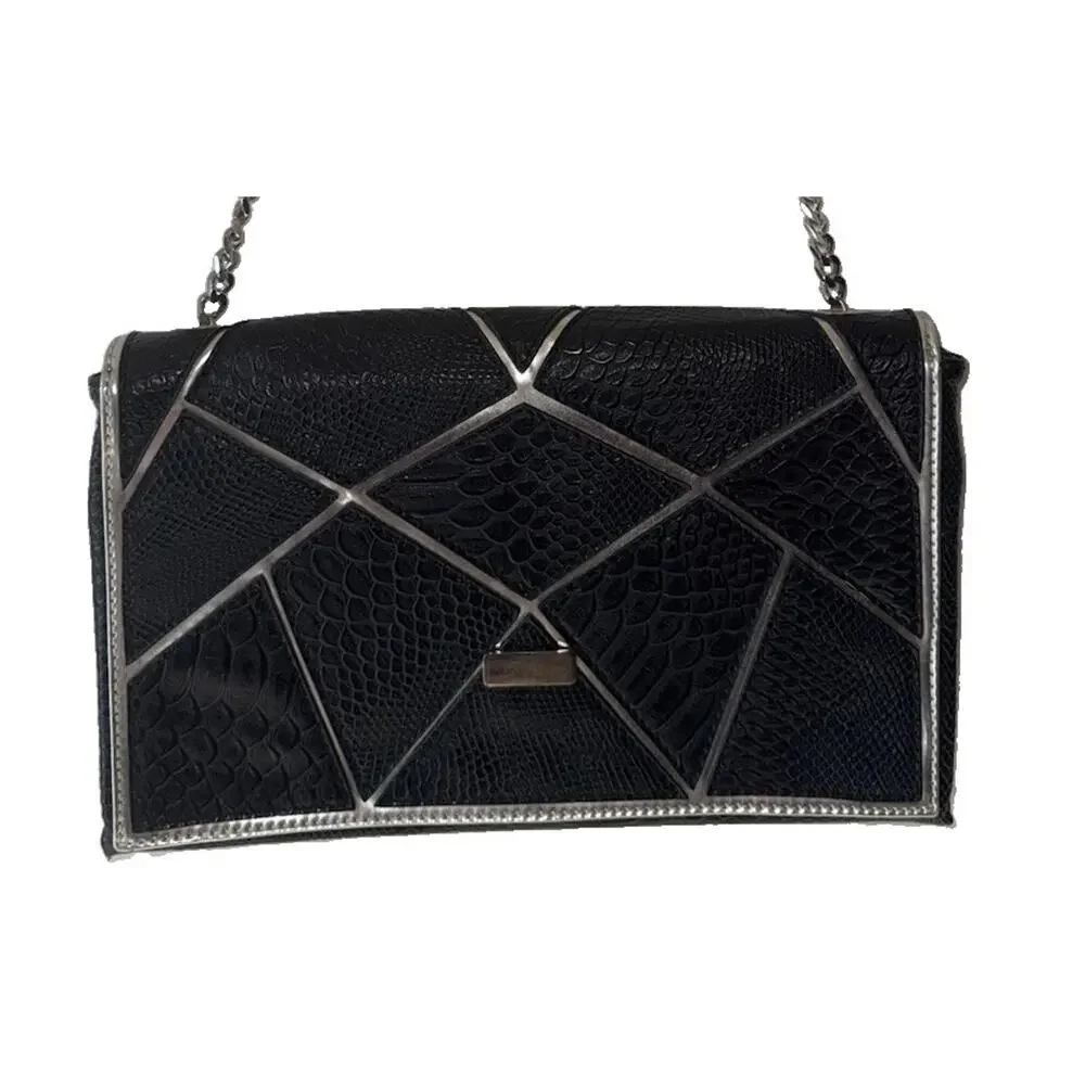 Yaumi K Black Faux Snakeskin Geometric Silver Chain Shoulder Bag 13”